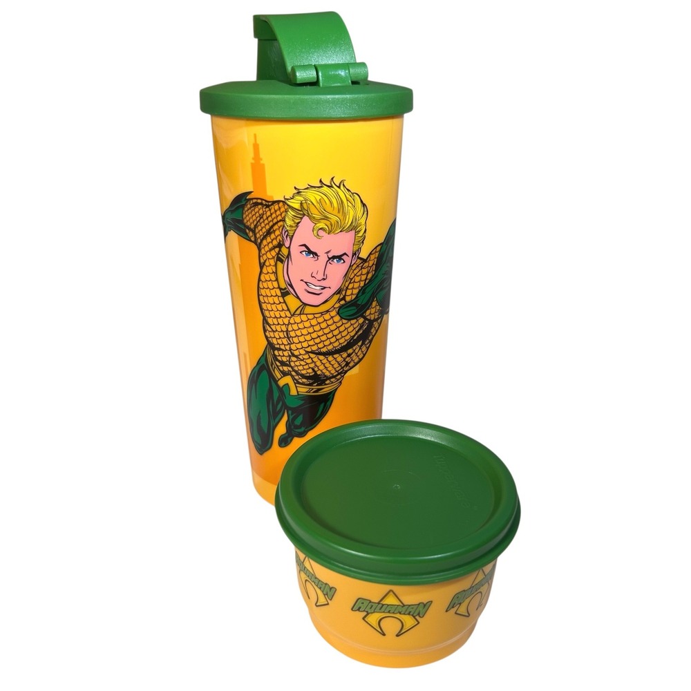 Tupperware Aquaman Snack Cup & Tumbler 16oz Yellow Green Flip Top Lid Kids Adult